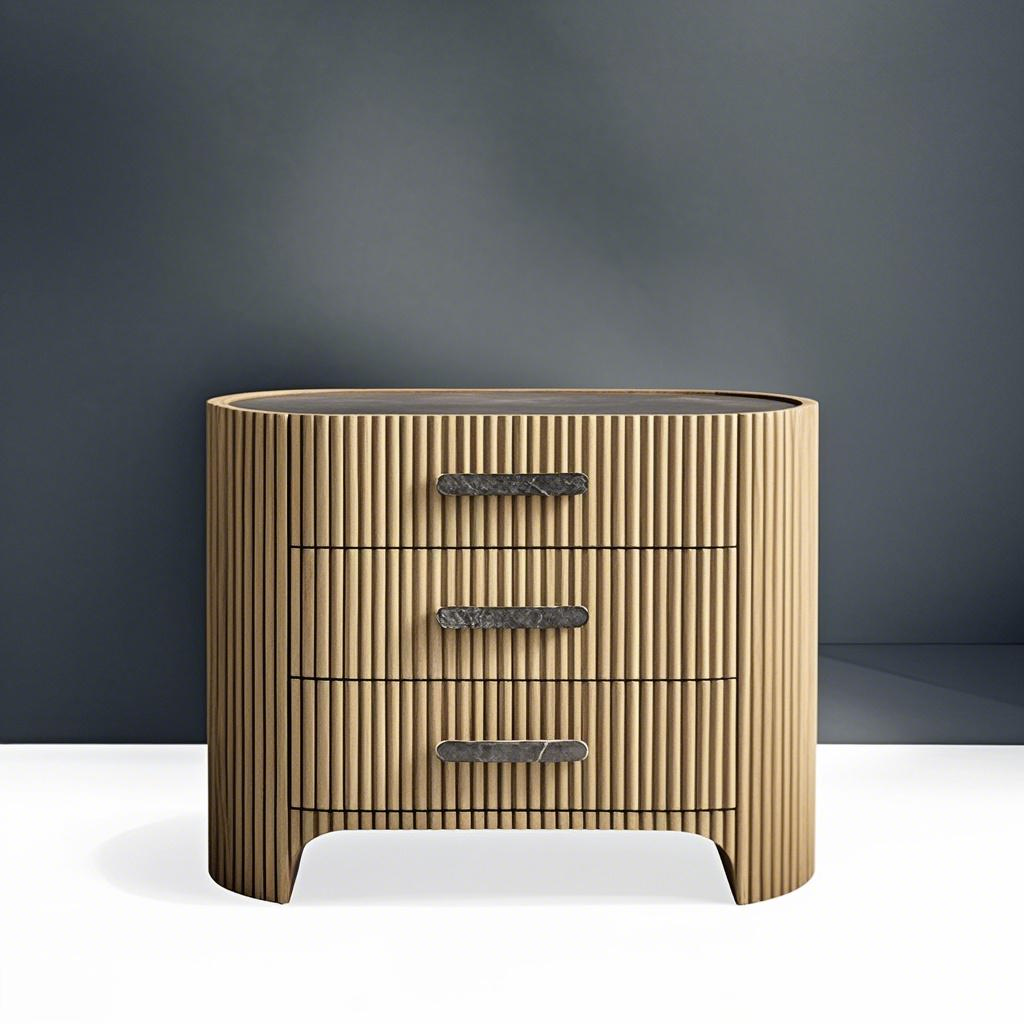 Ein stilvoller Marmor -Nachttisch mit Retro gerippter Muster