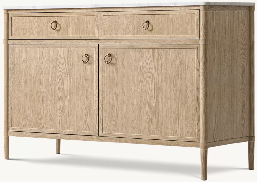 Doppeltüriges Sideboard aus weißer Eiche mit Marmor-Arbeitsplatte